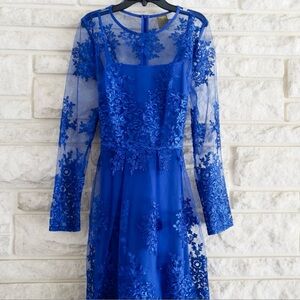 Taylor Blue Illusion Embroidered Fit & Flare Dress | Wedding Guest | 10